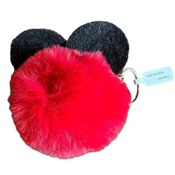 Disney Minnie Mouse Pom Pom Keychain Bow Glitter Red Black - Picture 3 of 8
